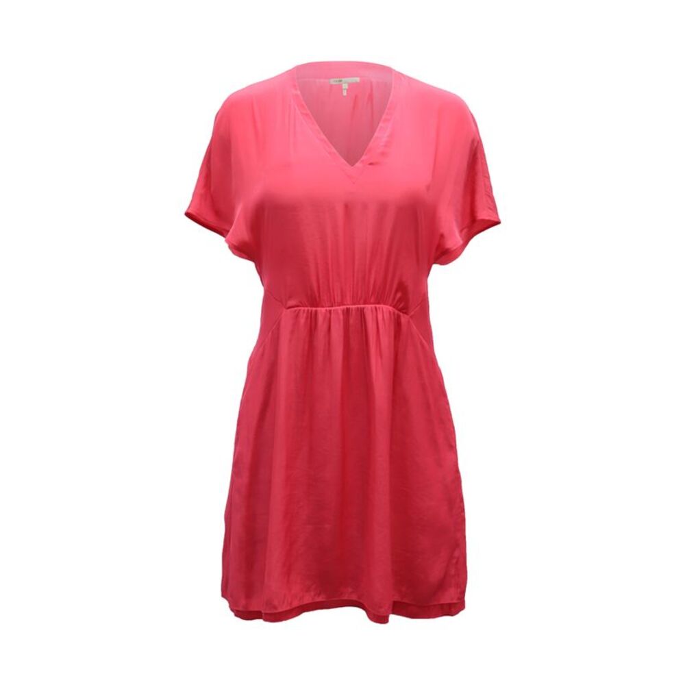 Maje V-neck Gathered Summer Dress in Fuchsia Pink Silk